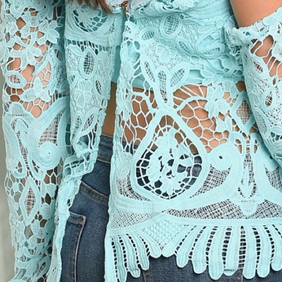 LIGHT BLUE OFF THE SHOULDERS CROCHET DETAILED TOP - Picture 4 of 8